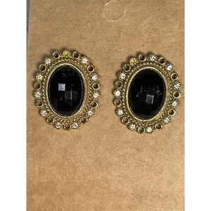 Vintage 80s Gold Plated, Rhinestone, & Faux Onyx‎ Earrings